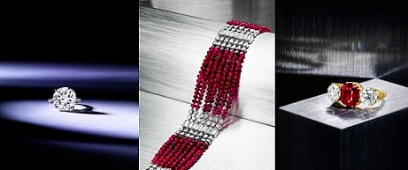 A Diamond Solitaire Ring ($500,000 - 700,000), An Art Deco Ruby and Diamond Bracelet by Cartier ($80,000-120,000) and a Ruby and Diamond Ring by Mermod & Jaccard ($80,000-120,000) 