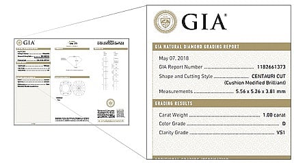 The Proprietary Cut Program includes branded cut names on GIA grading reports for diamonds. In the image above, the sample proprietary cut name is listed above the shape and cutting style description. ‘CENTAURI CUT’ is not an actual proprietary cut; it is included only as an illustration.