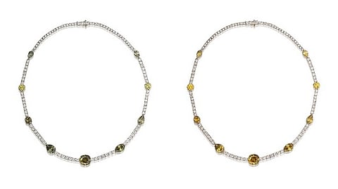 Lot 550 - Chameleon Diamond and Diamond Necklace (HK$1,600,000-3,000,000) The colour of Chameleon diamonds transforms from “olive” green to a mesmerising brownish yellow or yellow