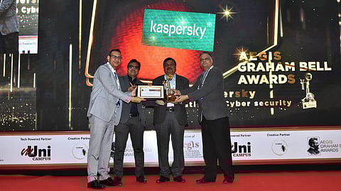 Gautham Sharrma (first from left), Enterprise Account Manager for Kaspersky receiving the Aegis Graham Bell Award