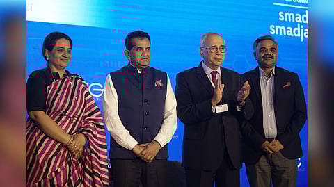 ( From Left to Right) - Dr. Ekroop Caur, Secretary Electronics, IT, Bt and S&T, GoK, Amitabh Kant, G20 Sherpa, India, Claude Smadja , Chairman of Smadja & Smadja Strategic Advisory, San