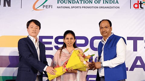 (L-R) KRAFTON India CEO Sean Hyunil Sohn, Hon’ble MoS for Youth Affairs & Sports Smt. Raksha Khadse, and PEFI Secretary General Piyush Jain at the Esports Conclave 2025 in New Delhi