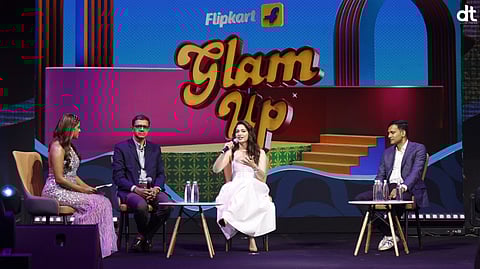 L-R Shankar Prasad, Founder, Plum with Actress Tamannaah Bhatia and Ramesh Gururaja at Glam Up 2025.