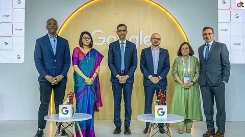 L-R_ James Manyika (SVP of Research, Labs, Technology & Society, Google), Preeti Lobana (VP & Country Manager, Google India), Sundar Pichai (CEO, Google & Alphabet), Demis Hassabis (CEO & Co-founder, Google Deepmind)