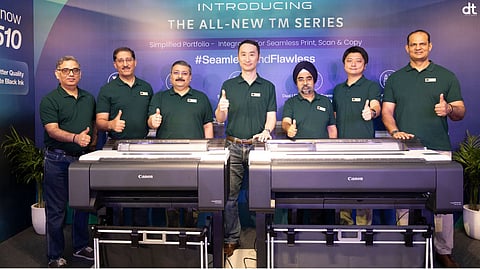Mr. Toshiaki Nomura, President & CEO, Canon India (centre), Mr. Puneet Datta, Senior Director, Commercial & Industrial Printing (third from left) Mr. Rahul Goel, Sr. Director Service & Engineering (second from left), and Mr. Nakagawa Yujiro, Senior Manager – Regional CIP – PP Product Marketing (second from right), alongside the Canon India team at the launch of the new imagePROGRAF TM Series printers and MFPs in India.