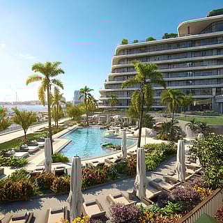 Four Seasons Private Residences Jacksonville's resort-style pool deck where layered landscaping, waterfront views, and curated outdoor living spaces define the property’s wellness-driven lifestyle