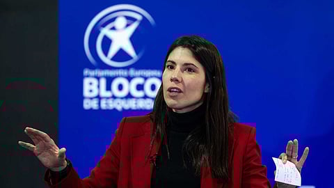 A coordenadora do Bloco de Esquerda (BE), Mariana Mortágua, durante a intervenção no almoço-comício que antecede o início das Jornadas Parlamentares da partido, que decorrem de 27 a 28 de janeiro, em Coimbra