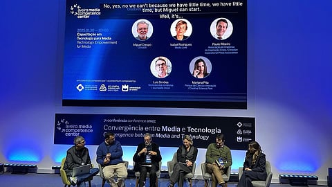 Nelson Zagalo (Universidade de Aveiro), Luís Simões (Sindicato dos Jornalistas), Miguel Crespo (CENJOR), Isabel Rodrigues (Media Livre), Paulo Ribeiro (AIC) e Mariana Pita (Parque de Ciência e Inovação)