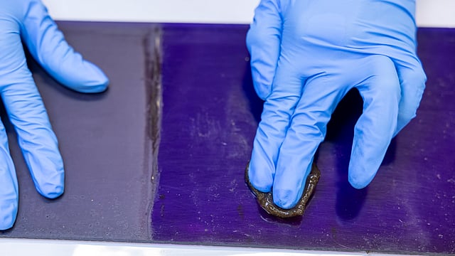 O gel PVAl-Borax, uma espécie de plasticina, é usado para limpar o resto da sujidade, sem riscar o acrílico. A diferença entre o antes e depois da aplicação do Agar Agar é bem visível. 