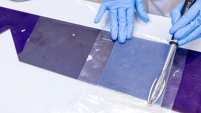 Francisca Lima a massajar a folha de gel Agar Agar com uma espátula quente. 