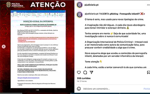 O alerta foi realizado nas redes sociais da PJ esta manhã.