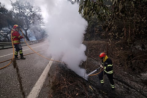 Bombeiros combatem uma zona de reacendimento de um fogo, em Vilarinho, na Lousã.