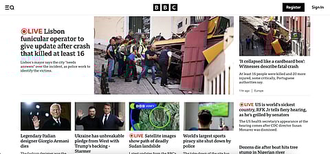 Página principal do site da BBC durante esta quinta-feira.
