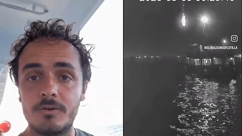 Miguel Duarte e uma imagem de um dos vídeos em que se vê um projétil caindo sobre a embarcação. A origem é oficialmente desconhecida.