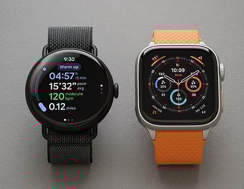O Pixel  Wattch 4 (esq.) com monitorização do Fitbit no ecrã e o novo Apple Watch, que inclui agora função para mergulho.