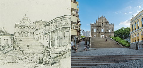 As Ruínas de São Paulo - assim chamadas pelo Colégio de S. Paulo que outrora existiu neste local - constituem o marco mais emblemático de Macau. O edifício distinto que sobrevive até hoje fazia parte da Igreja da Madre de Deus, construída pela Companhia de Jesus no início do século XVII. Foi uma das maiores igrejas católicas da Ásia até que um incêndio devastador a destruiu quase por completo, restando apenas a fachada. O sinistro ocorreu durante um tufão em janeiro de 1835 e Chinnery tinha feito o seu esboço apenas três meses antes.
