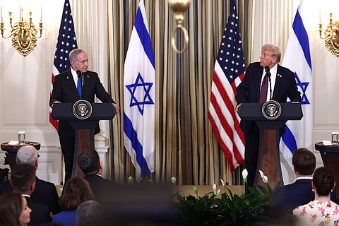 Donald Trump e Benjamin Netanyahu durante as declarações à imprensa, na Casa Branca.