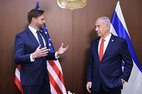 O vice-presidente dos EUA, JD Vance, e o primeiro-ministro israelita, Benjamin Netanyahu.