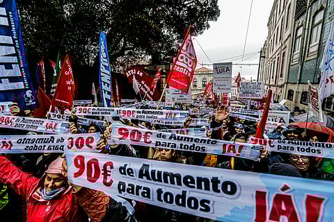 Manifestação na sequência de uma greve nacional dos trabalhadores da Administração Pública, a primeira dessa legislatura, em 2020, convocada por organizações sindicais da CGTP e UGT. Lisboa, 30 de janeiro de 2020.