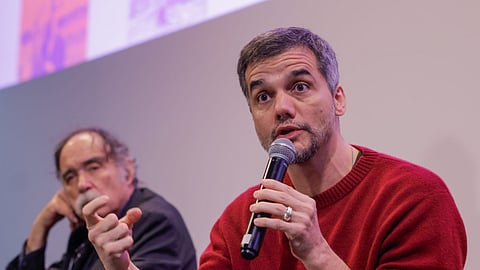Wagner Moura e Paulo Branco, diretor do Leffest, em conferência de imprensa no Cinema Nimas. 