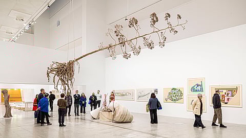 Instalação tripartida de Filipe Feijão dialoga com os estudos e desenhos paisagísticos de Burle Marx nas paredes do espaço. 
