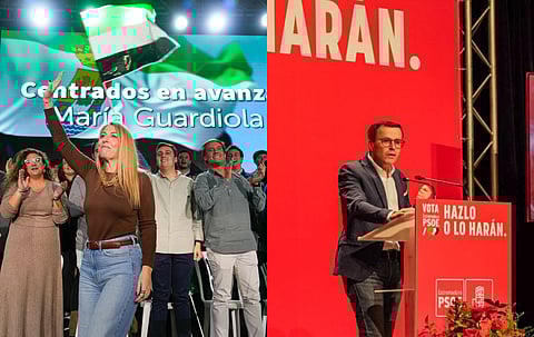 A presidente da Junta da Extremadura e candidata do PP, María Guardiola, e o candidado do PSOE, Miguel Ángel Gallardo.