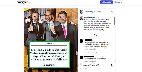 Publicação de Eduardo Bolsonaro em apoio a André Ventura após resultados do primeiro turno das eleições presidenciais.
