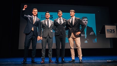 Dries Van Langenhove (Bélgica), Martin Sellner (Áustria), Afonso Gonçalves (Porttugal) e Andrea Ballarati (Itália), na 1.ª edição da cimeira em 2025.