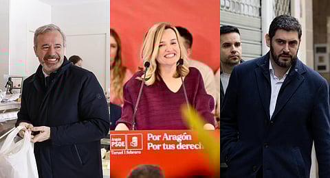 Jorge Azcón (PP), Pilar Alegría (PSOE) e Alejandro Nolasco (Vox) são os três principais candidatos à liderança do governo de Aragão. 