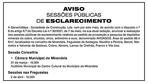 Aviso: Sessões Públicas de Esclarecimento