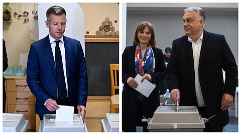 Montagem de fotos de Péter Magyar e Viktor Orbán (com a mulher Aniko Levai) no momento da votação. 