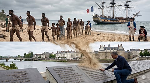 As duas faces da história: à barbárie do tráfico negreiro francês no século XVIII contrapõe-se hoje o Memorial da Abolição da Escravatura em Nantes, onde um armeiro privado cuja família recorria ao trabalho escravo mostrou arrependimento e exigiu ao Estado francês que quebrasse o tabu do passado colonial.