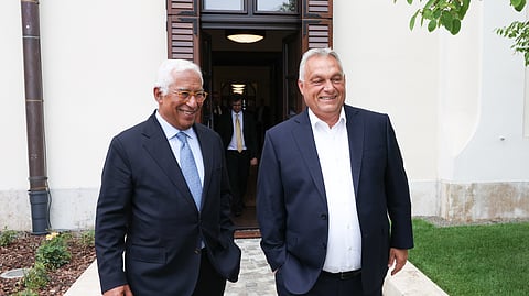 António Costa com Viktor Orbán em Budapeste a 10 de setembro, durante a  digressão anual do presidente do Conselho pelas capitais europeias.