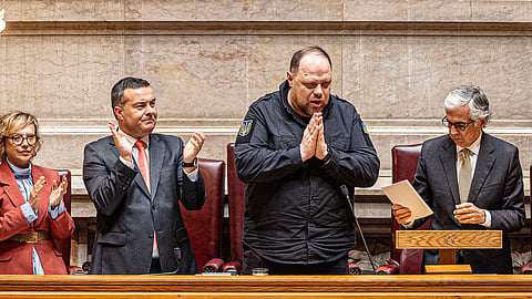 O presidente da Assembleia da República, José Pedro Aguiar-Branco, com o homólogo ucraniano, Ruslan Stefanchuk.