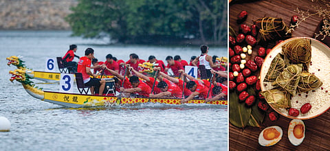 Regatas Internacionais de Barcos-Dragão de Macau 2025 (à esquerda). Bolinhos  de arroz glutinoso.
