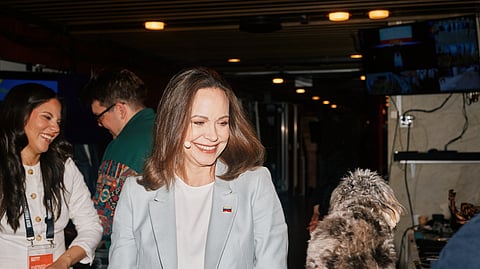 María Corina Machado nos bastidores do Oslo Freedom Forum, 2 de junho 2026.