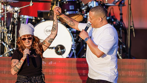Carolina Deslandes com Carlão, no espetáculo 'Quinta-Essência 75/25', no Rock in Rio.