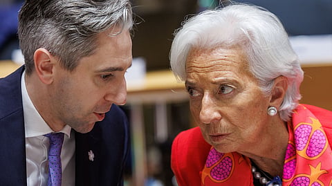 Simon Harris, ministro das Finanças da Irlanda, e Christine Lagarde, presidente do BCE. Bruxelas, 9 de julho de 2026.