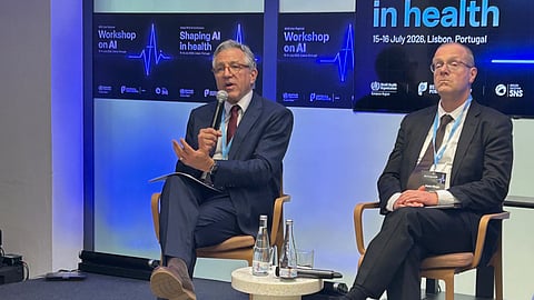 Alexandre Padilha conversou com jornalistas durante a Conferência Internacional de Alto Nível "Shaping AI in Health", promovida pela Organização Mundial da Saúde e pelo Ministério da Saúde de Portugal.