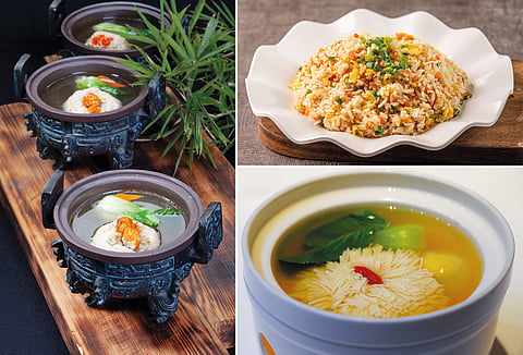Pratos representativos da cozinha de Huaiyang: almôndegas com ovas de caranguejo (à esquerda),  arroz frito de Yangzhou (no canto superior direito) e tofu 'wensi' (no canto inferior direito).