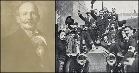 Foto esquerda, o Marechal Hermes da Fonseca estava numa visita de Estado a Portugal em outubro de 1910. Chegou quando era Monarquia, saiu do país na República. Ao lado, população e militares na rua no dia 5 de outubro, comemorando a revolução.