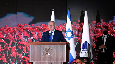 Primeiro-ministro israelita na cerimónia oficial do Estado para lembrar as vítimas, na segunda-feira (5 de outubro). 