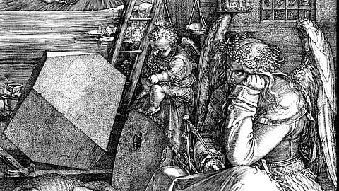 Melancolia (1514), pormenor da gravura do alemão Albrecht Dürer.