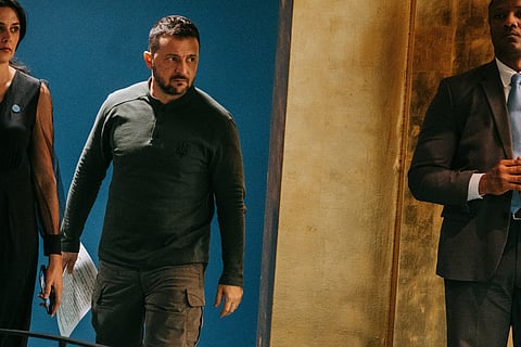 Presidente ucraniano, Volodymyr Zelensky, na sede das Nações Unidas, em Nova Iorque