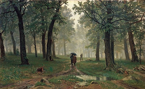 A chuva numa floresta de carvalhos (representada numa pintura de Ivan Ivanovich Shishkin, 1832-1898), ilustra o fenómeno petricor.