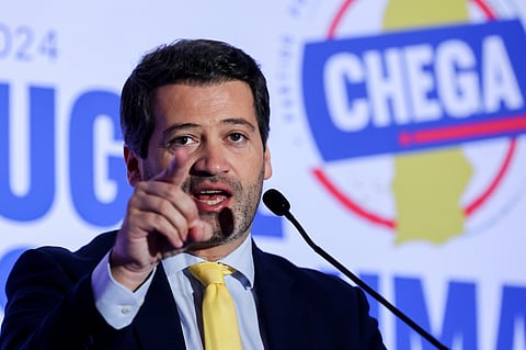 O presidente do Chega, André Ventura, discursa durante um almoço-comício, em Beja