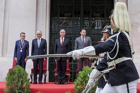 Carlos Moedas, José Pedro Aguiar-Branco, Marcelo Rebelo de Sousa e Luís Montenegro na sessão solene do 5 de Outubro.