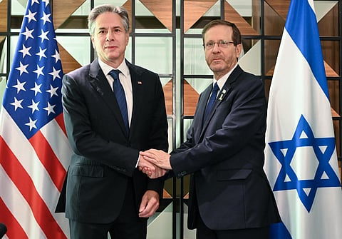 Secretário de Estado dos EUA, Anthony Blinken, e o presidente israelita, Isaac Herzog