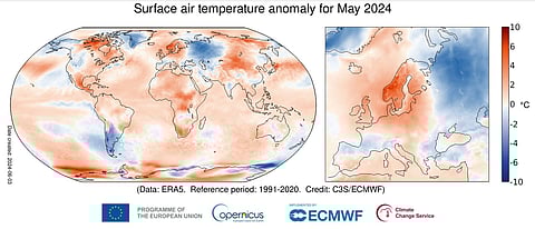 Anomalia da temperatura do ar à superfície em maio de 2024 em relação à normal climatológica 1991–2020