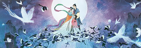 Segundo a lenda chinesa, todos os anos, na noite do Festival de Qixi, forma-se uma “Ponte das Andorinhas” sobre a Via Láctea de modo a que o Vaqueiro e os seus filhos a cruzem para se encontrarem com a Tecelã.